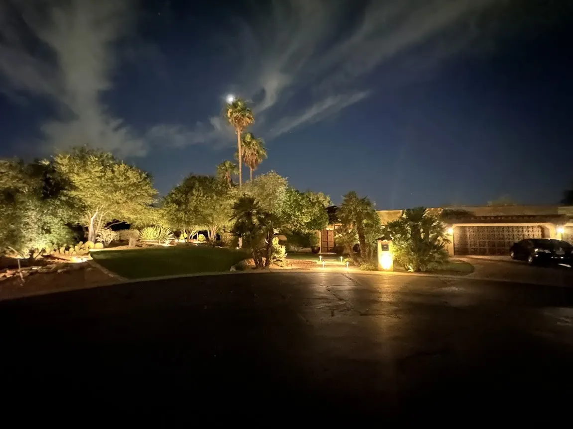 Finished low-voltage landscape lighting highlighting planting and outdoor architecture
